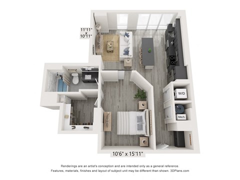 Floor plan for 1 bed, 1 bath, 839 sqft